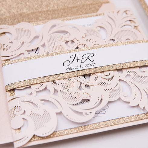rose gold glitter and blush pink laser cut wedding invitations